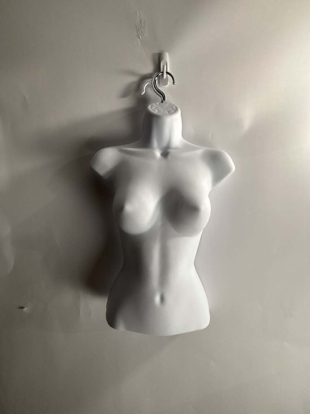 Female Molded Plastic Hanging Torso Mannequin Form, White